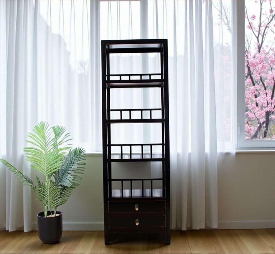 Solid wood shelf cabinet in black with 2 drawers