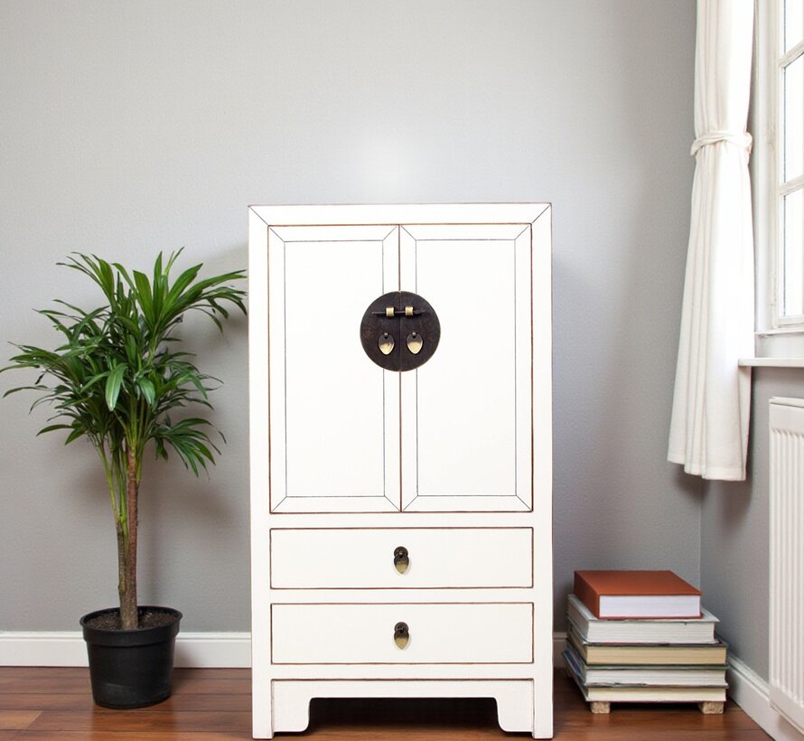 chinesische Kommode Sideboard 2 Schubladen 2 Türen Cremeweiß