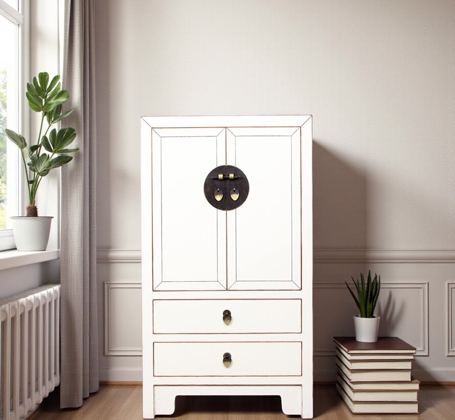 chinesische Kommode Sideboard 2 Schubladen 2 Türen Cremeweiß