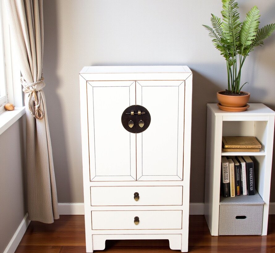 chinesische Kommode Sideboard 2 Schubladen 2 Türen Cremeweiß