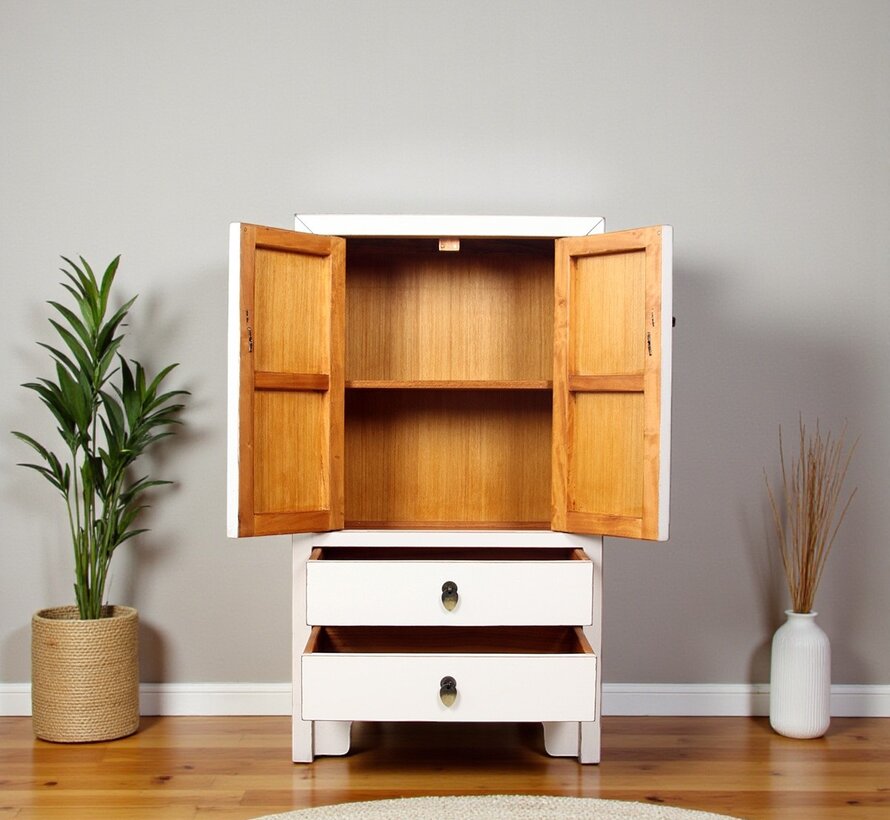 chinesische Kommode Sideboard 2 Schubladen 2 Türen Cremeweiß