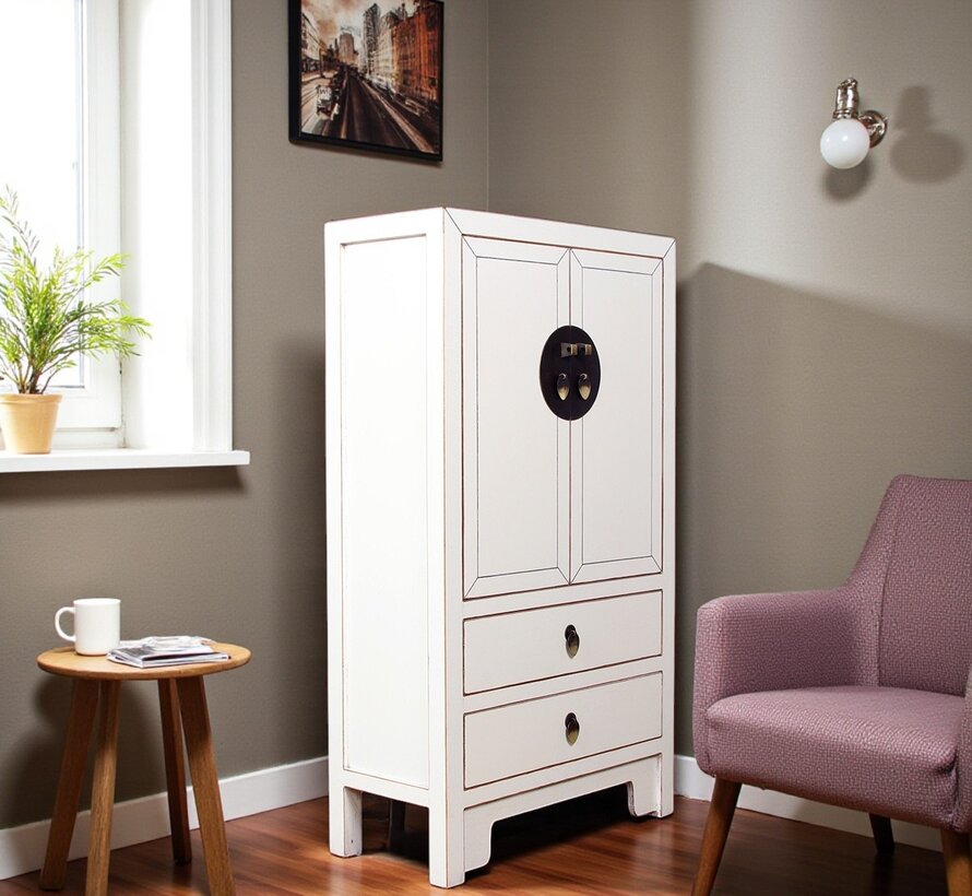 chinesische Kommode Sideboard 2 Schubladen 2 Türen Cremeweiß