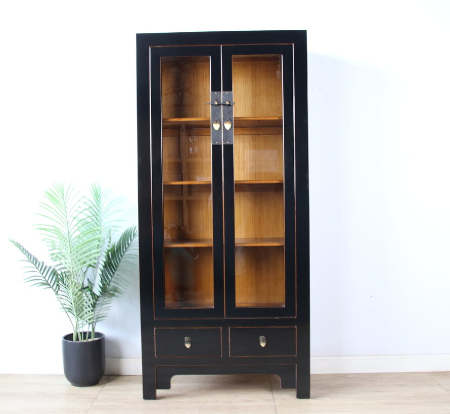 Chinese Solid Wood Display Cabinet  black lacquer, 2 glass doors, 2 drawers