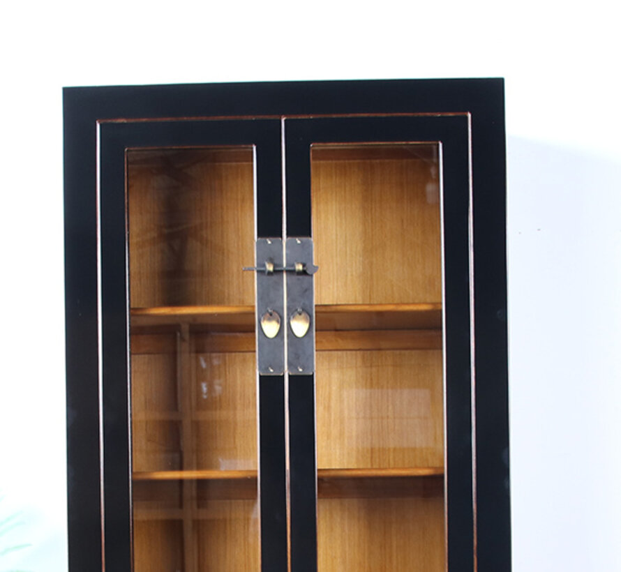 Chinese Solid Wood Display Cabinet  black lacquer, 2 glass doors, 2 drawers