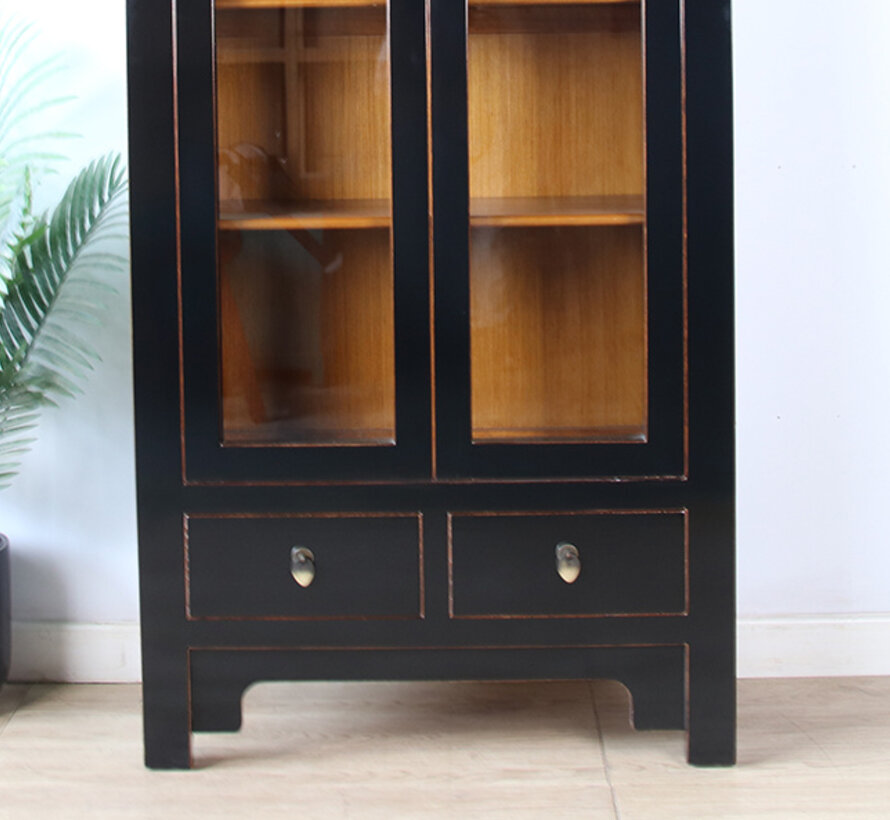 Chinese Solid Wood Display Cabinet  black lacquer, 2 glass doors, 2 drawers
