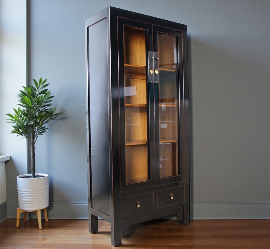 Chinese Solid Wood Display Cabinet  black lacquer, 2 glass doors, 2 drawers