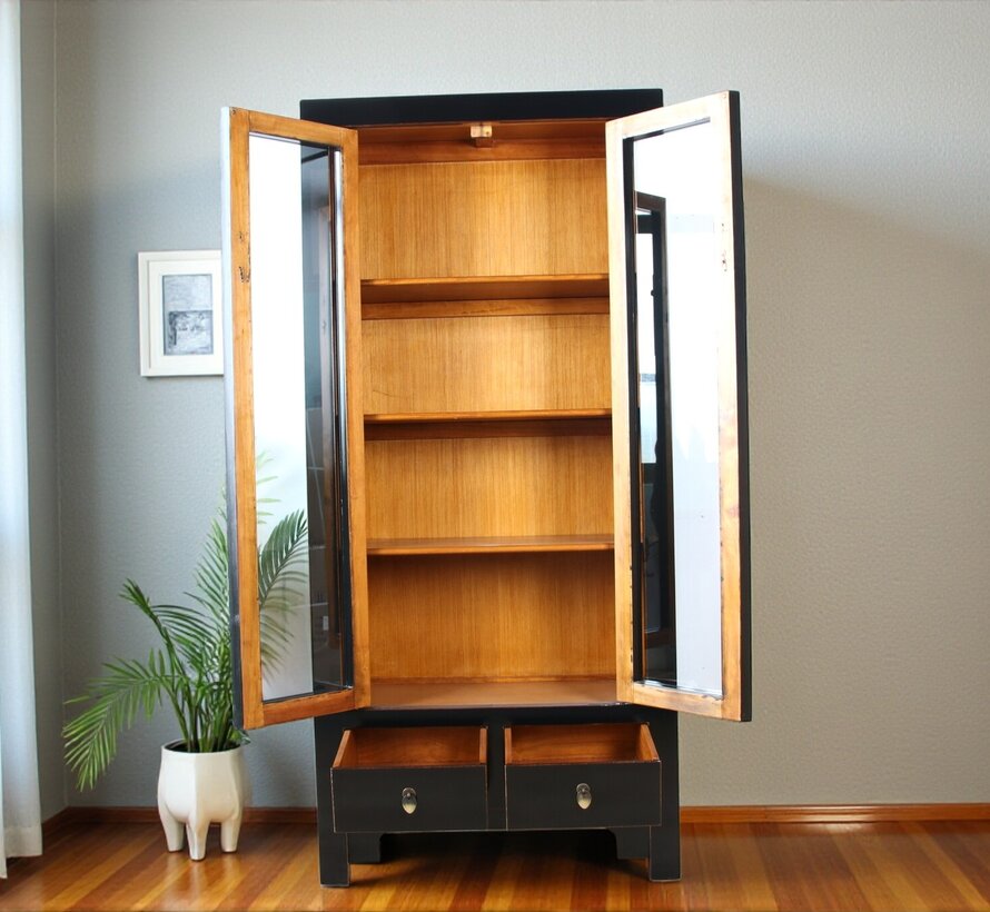 Chinese Solid Wood Display Cabinet  black lacquer, 2 glass doors, 2 drawers