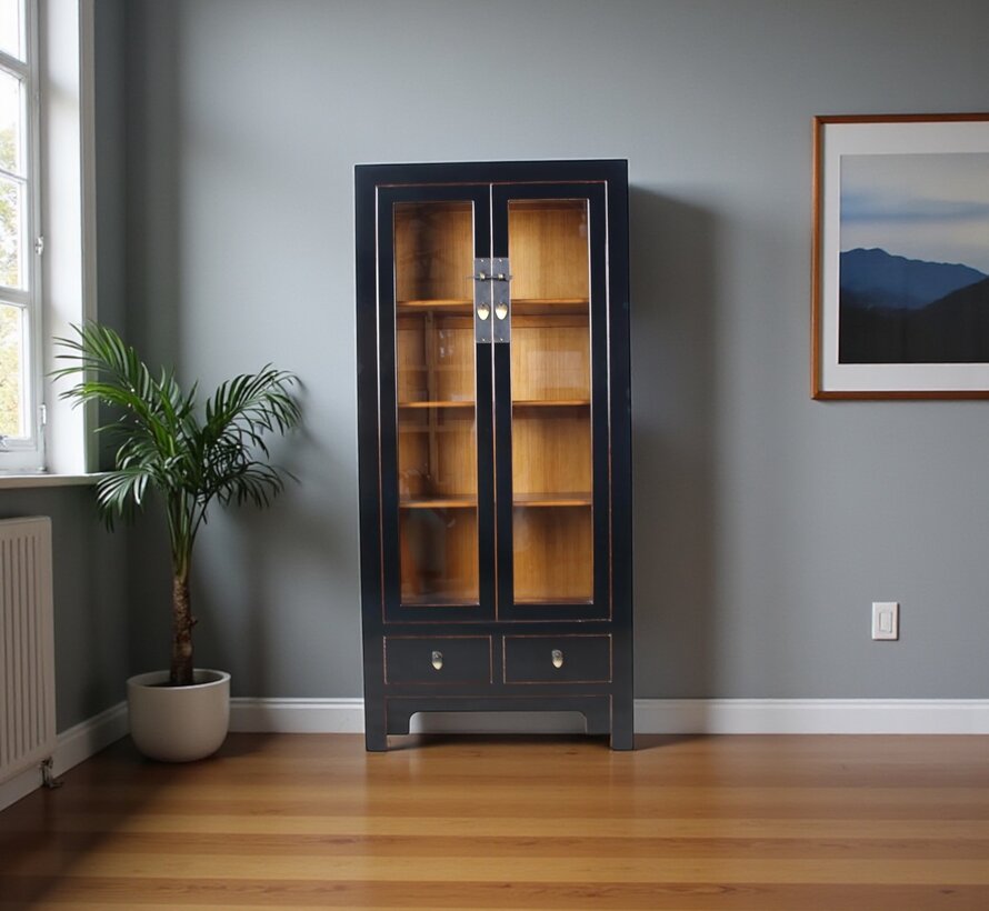 Chinese Solid Wood Display Cabinet  black lacquer, 2 glass doors, 2 drawers