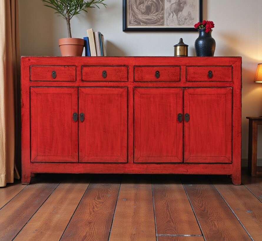 Antikes Chinesisches Sideboard vier Schub und vier Türen rot glänzend