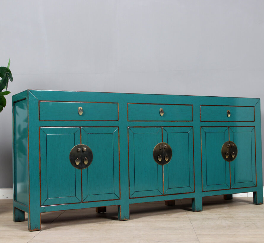 Chinesische Kommode / Sideboard mit 6 Türen und 3 Schubladen – türkis