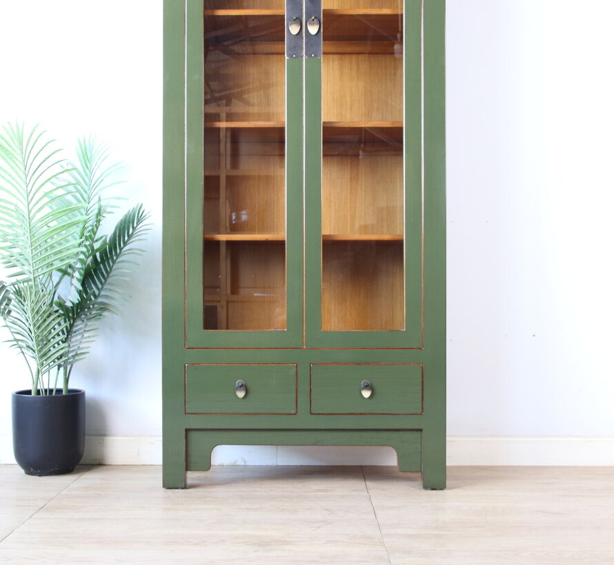 Chinesische Vitrine Olivgrün Massivholz | Yajutang