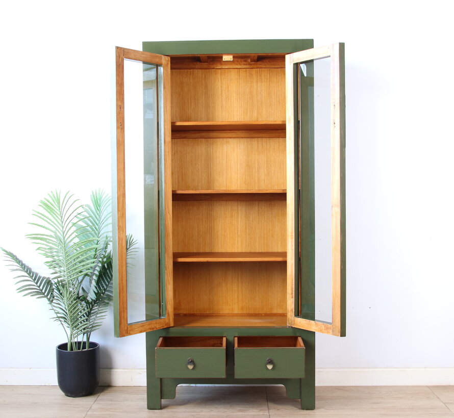 Chinesische Vitrine Olivgrün Massivholz | Yajutang