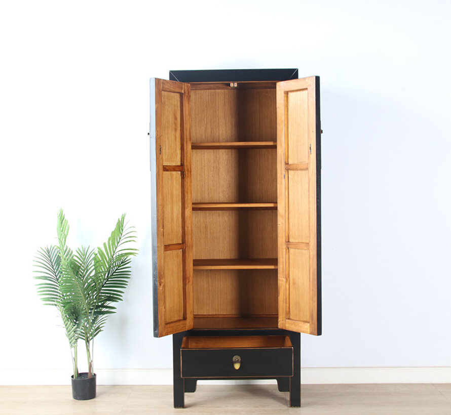 Chinesischer Hochzeitschrank 2 Türen 1 Schublade schwarz