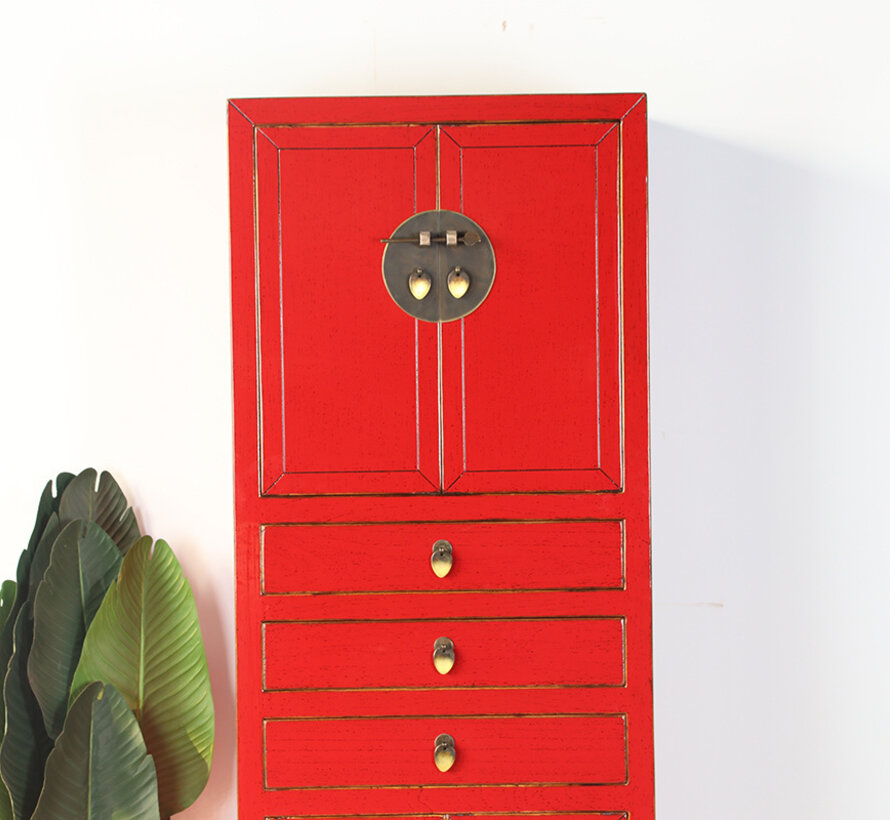 Traditional red wedding cabinet with drawers solid wood | Yajutang