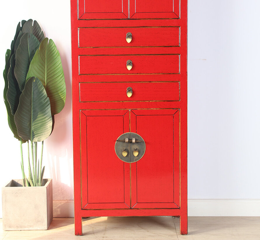 Traditional red wedding cabinet with drawers solid wood | Yajutang