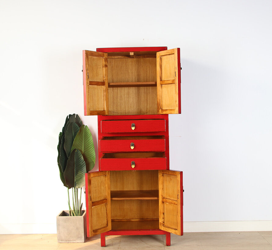 Traditional red wedding cabinet with drawers solid wood | Yajutang