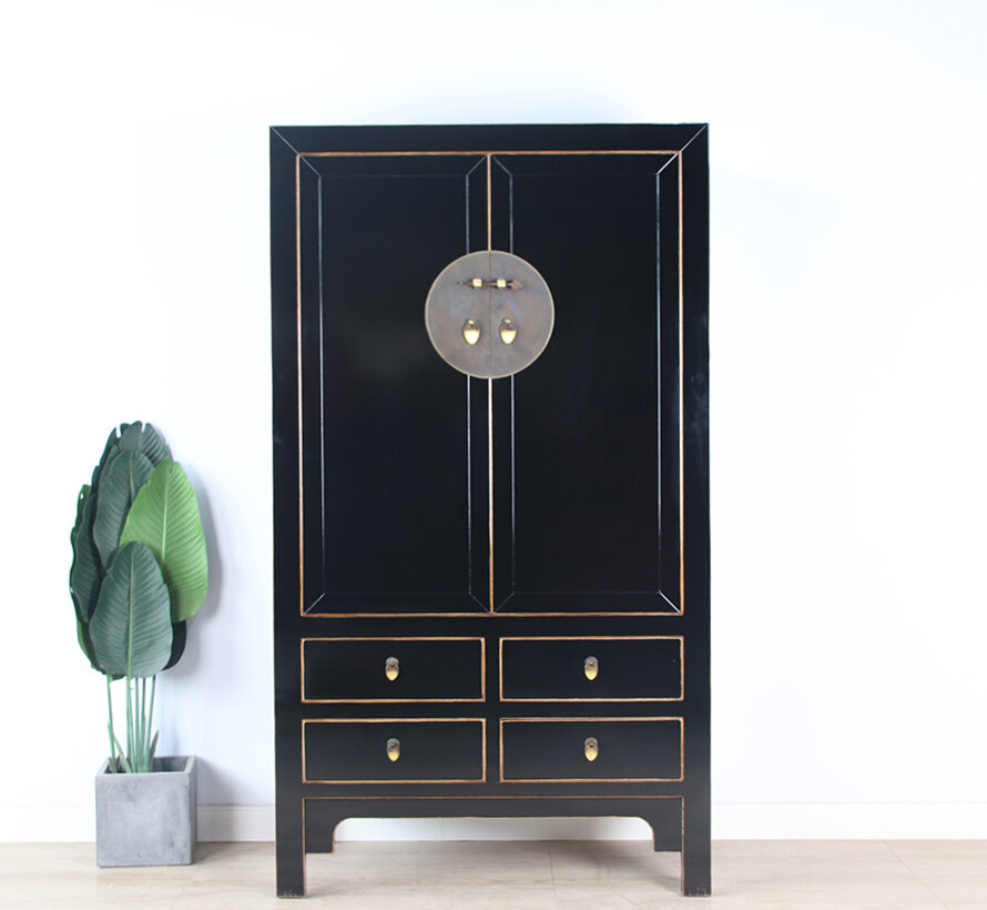 Chinese Storage Cabinet Black Solid Wood 2 Doors 4 Drawers Brass | Yajutang