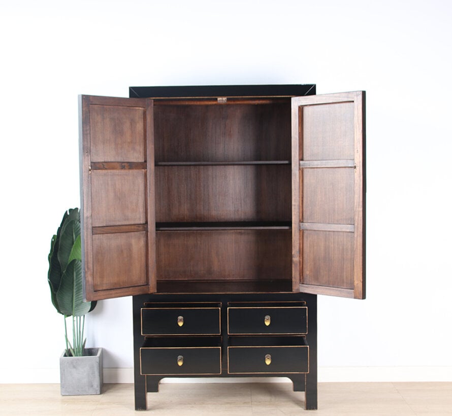 Chinese Storage Cabinet Black Solid Wood 2 Doors 4 Drawers Brass | Yajutang