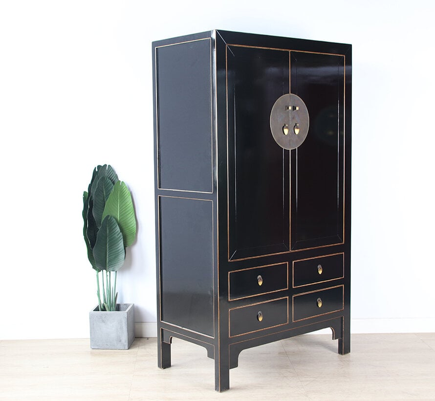 Chinese Storage Cabinet Black Solid Wood 2 Doors 4 Drawers Brass | Yajutang