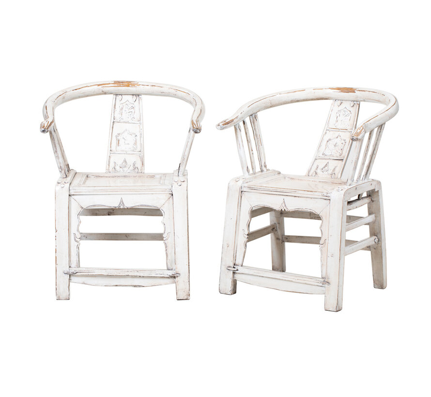 Antique Armchair Cream White Solid Wood Carved Backrest | Yajutang