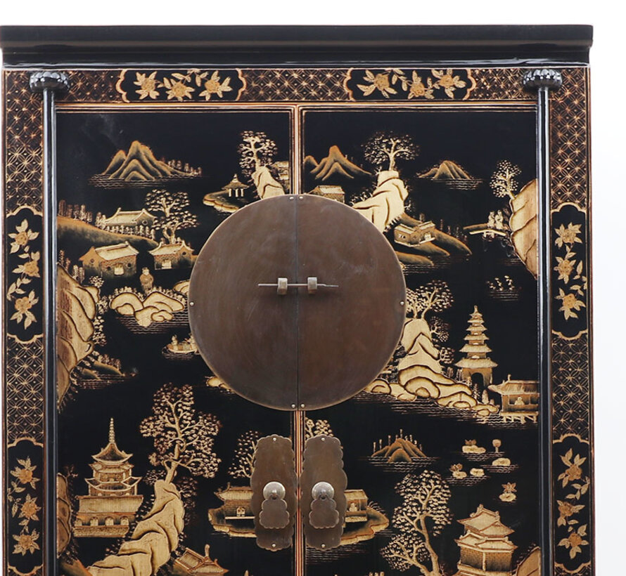Chinese Wedding Cabinet Black Hand-Painted Landscape | Yajutang