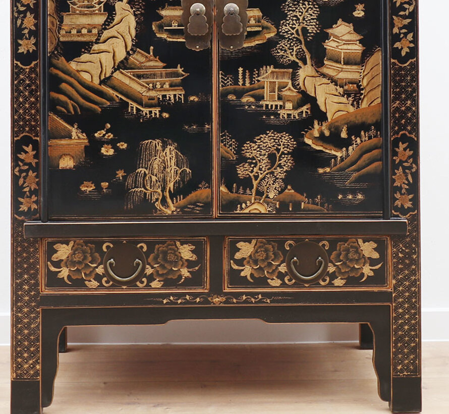 Chinese Wedding Cabinet Black Hand-Painted Landscape | Yajutang