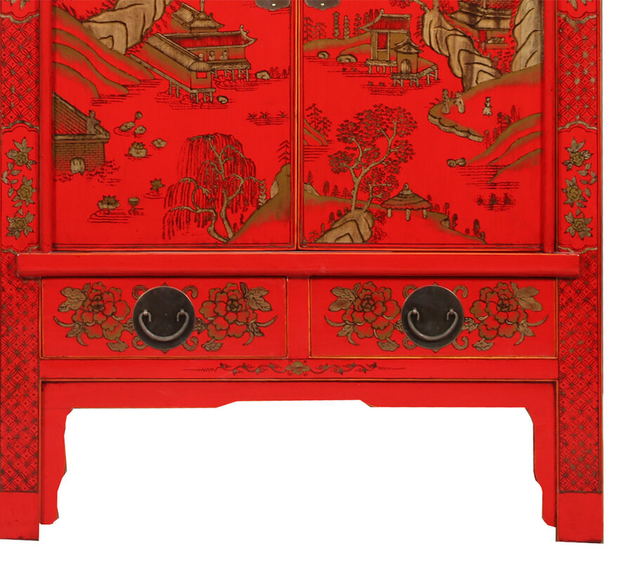Antique Chinese Wedding Cabinet Red Hand-Painted Landscape