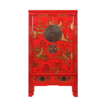 Yajutang Wedding Cabinet Red Hand-Painted Landscape