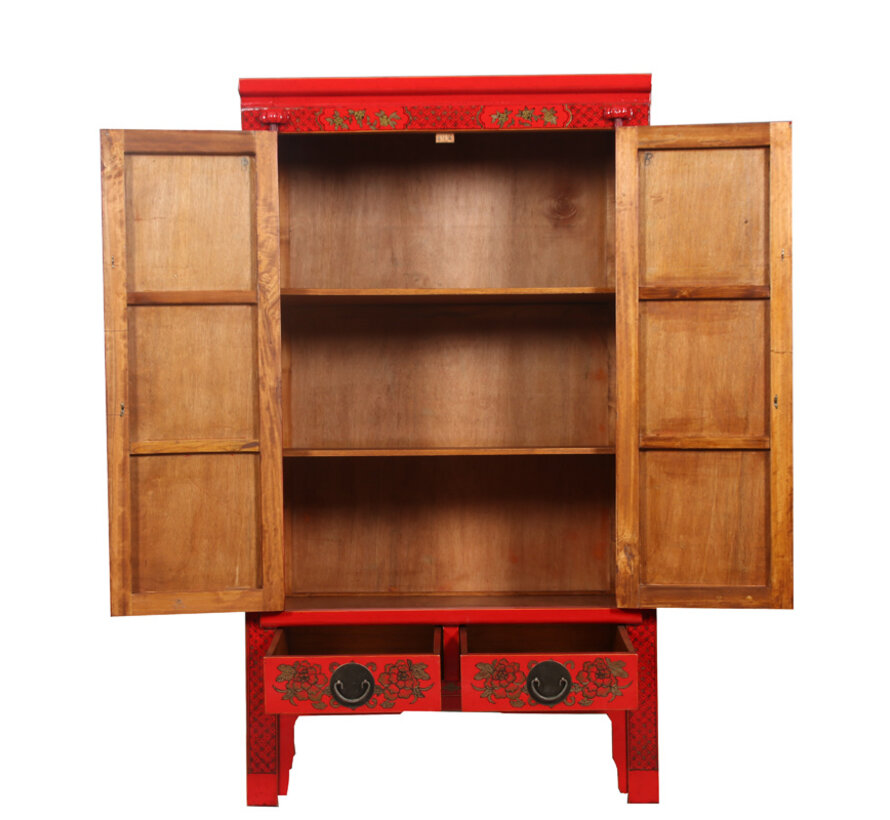 Antique Chinese Wedding Cabinet Red Hand-Painted Landscape