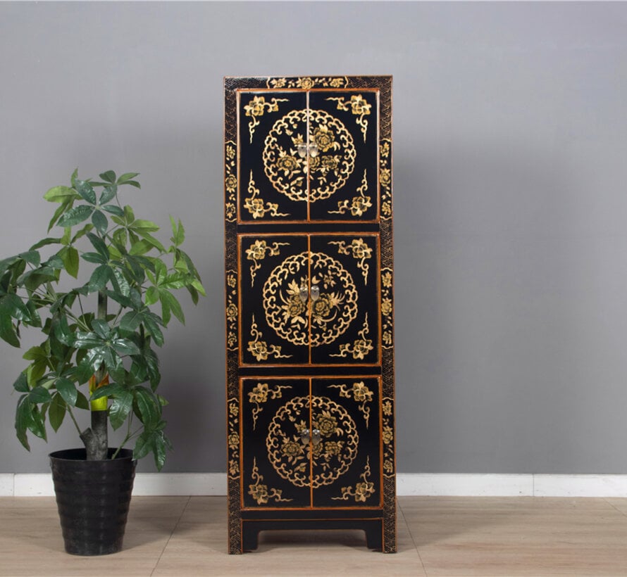 Hand-Painted Chinese Wedding Cabinet Black – Solid Wood 6 Doors