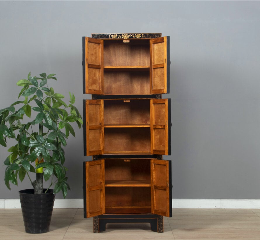 Hand-Painted Chinese Wedding Cabinet Black – Solid Wood 6 Doors