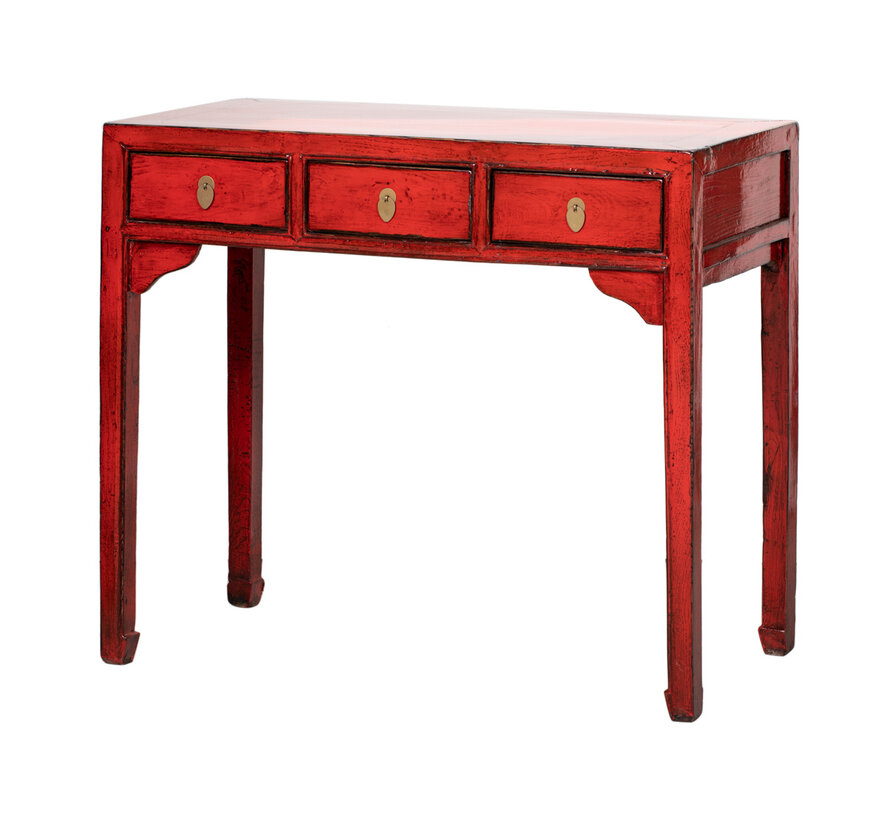 Antique Chinese red console table with three drawers