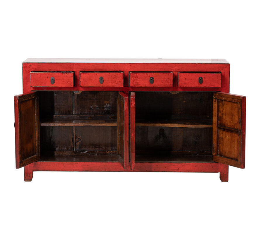 Antikes Chinesisches Sideboard vier Schub und vier Türen rot