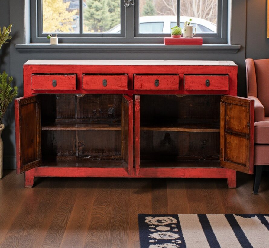 Antikes chinesisches Sideboard aus Massivholz – rot – 4 Schubladen und 4 Türen