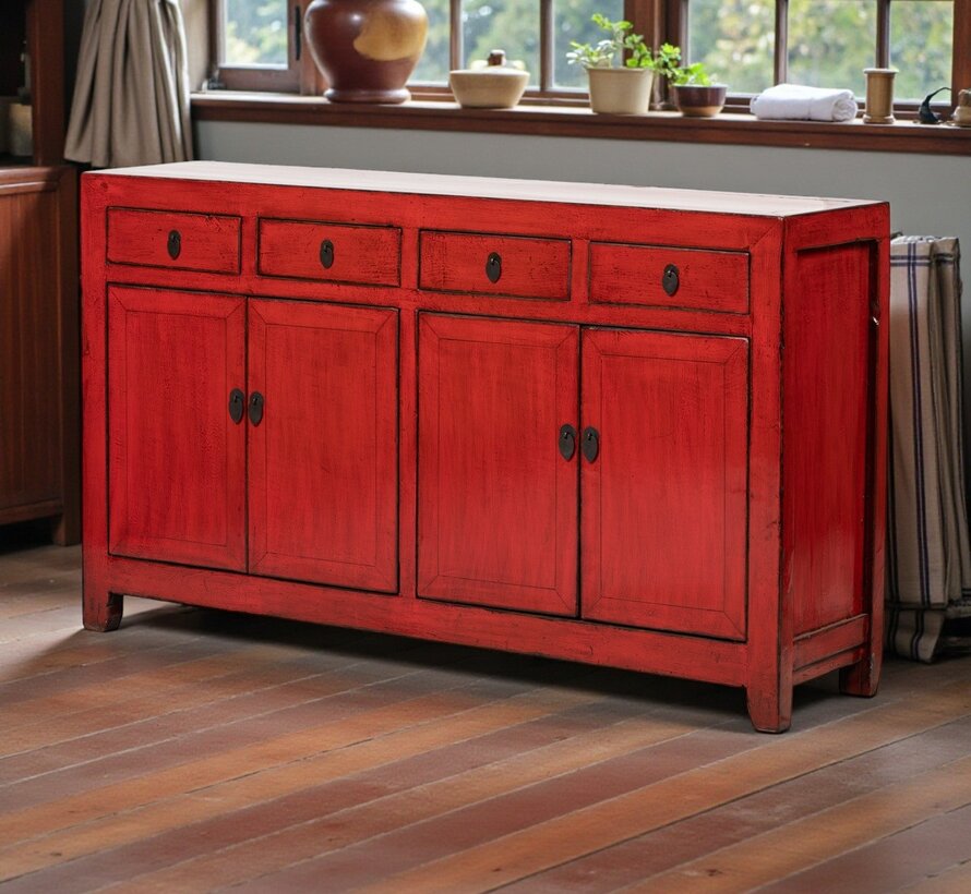 Antique Chinese sideboard with four drawers and four doors red