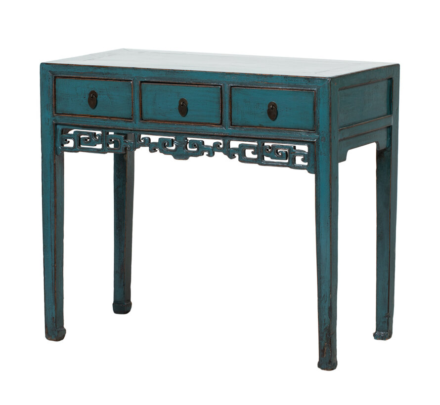 Antique Chinese console table – solid wood – turquoise finish – 3 drawers