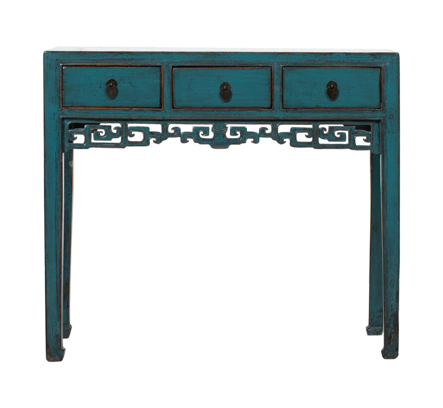Antique Chinese console table – solid wood – turquoise finish – 3 drawers