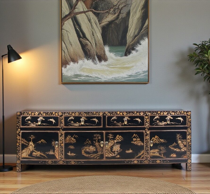 Hand-painted Chinese TV cabinet with 4 doors