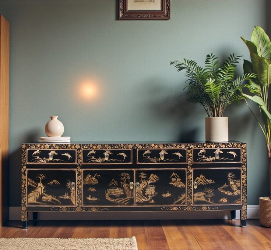 Hand-painted Chinese TV cabinet with 4 doors