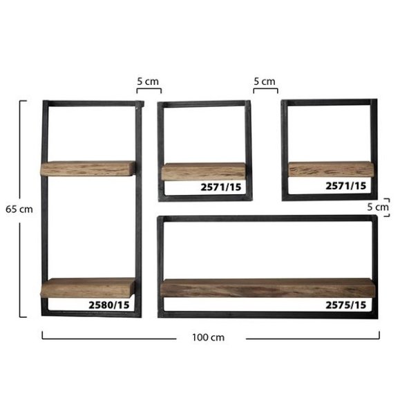 BelaLuz Wandplank - Orlando - set1 - acaciahout - zwart - metaal