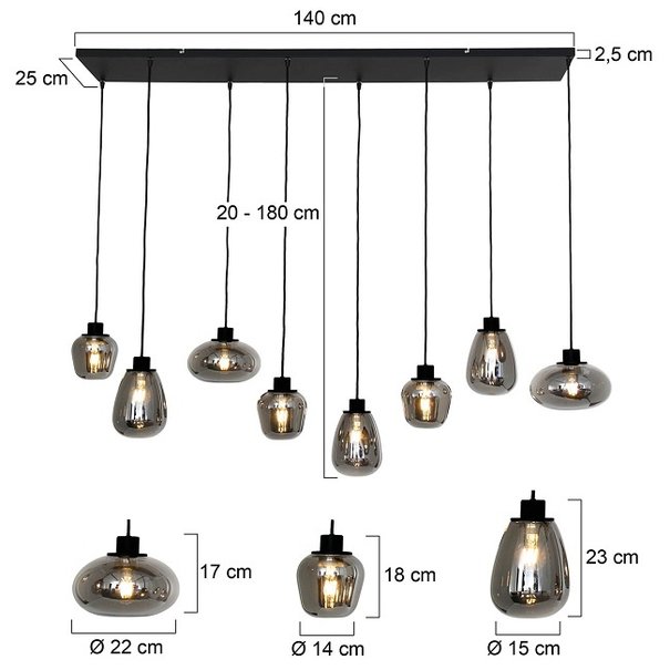 Steinhauer Moderne hanglamp Reflexion 8 lichts zwart met smoke glas