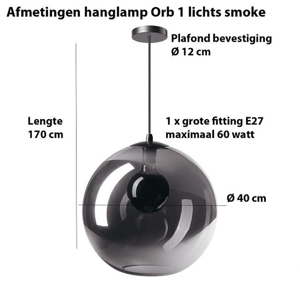 ETH Moderne - Hanglamp - Zwart - Smoke glas - 1 lichts - Ø40 cm - Orb