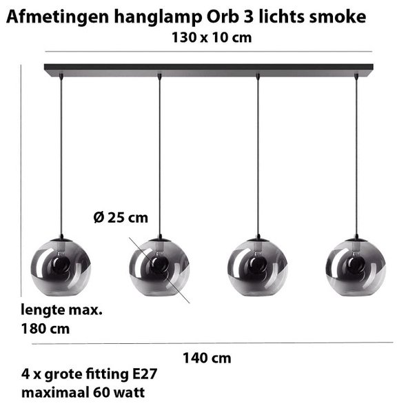 ETH Moderne hanglamp Orb 4-lichts Ø25 cm zwart met smoke glas