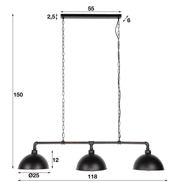 BelaLuz Industriële hanglamp Pipe 3-lichts zwart