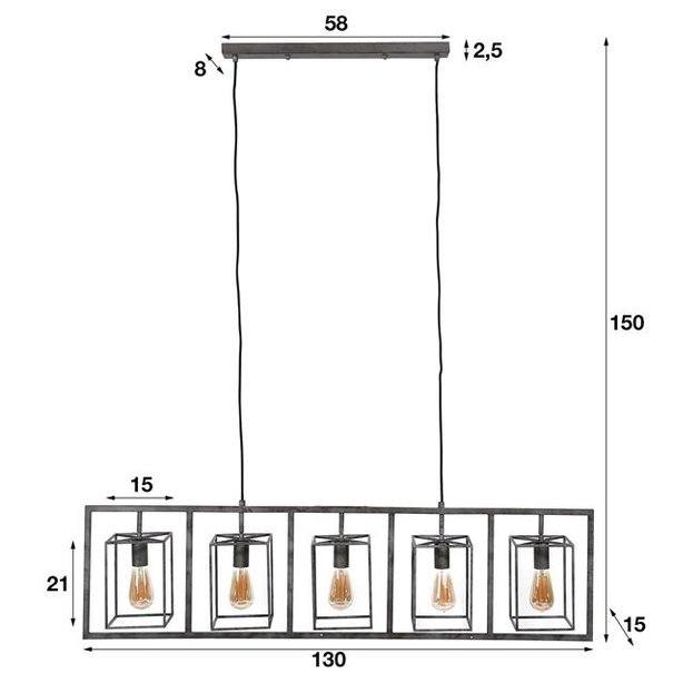 BelaLuz Industriële - Hanglamp - Oud zilver - 5 lichts - Cubic