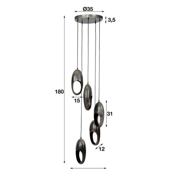 BelaLuz Industriële - Hanglamp - Oud zilver - 5 lichts getrapt - Clump