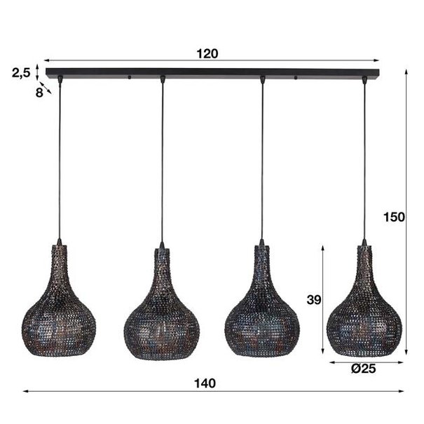 BelaLuz Industriële hanglamp Zelda 4-lichts kegel zwart bruin