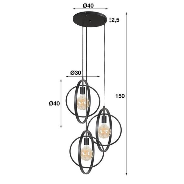 BelaLuz Industriële hanglamp Ozon 3-lichts getrapt charcoal