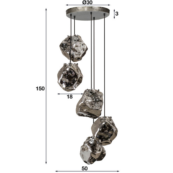 BelaLuz Moderne - Hanglamp - Chrome glas - 5 lichts getrapt - Ice Cube