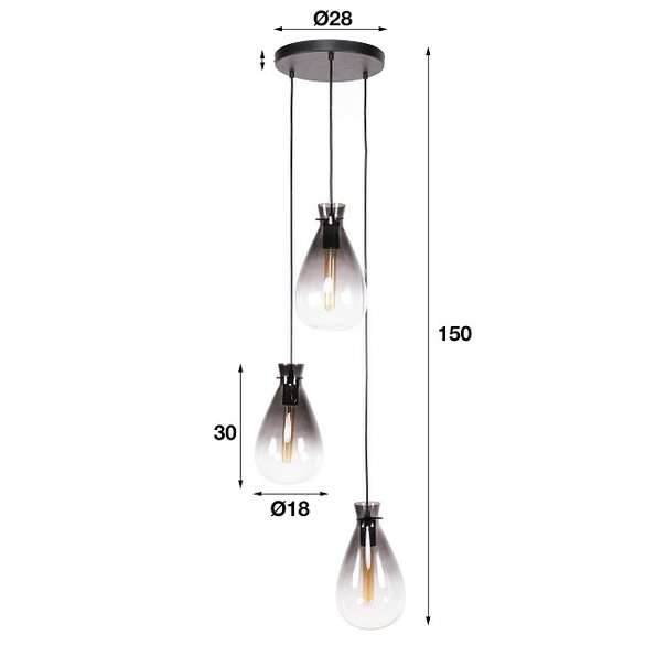 BelaLuz Moderne - Hanglamp - 3-lichts getrapt- oud zilver - Smoke glas - Droplet